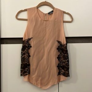Blush and black lace and silk blouse